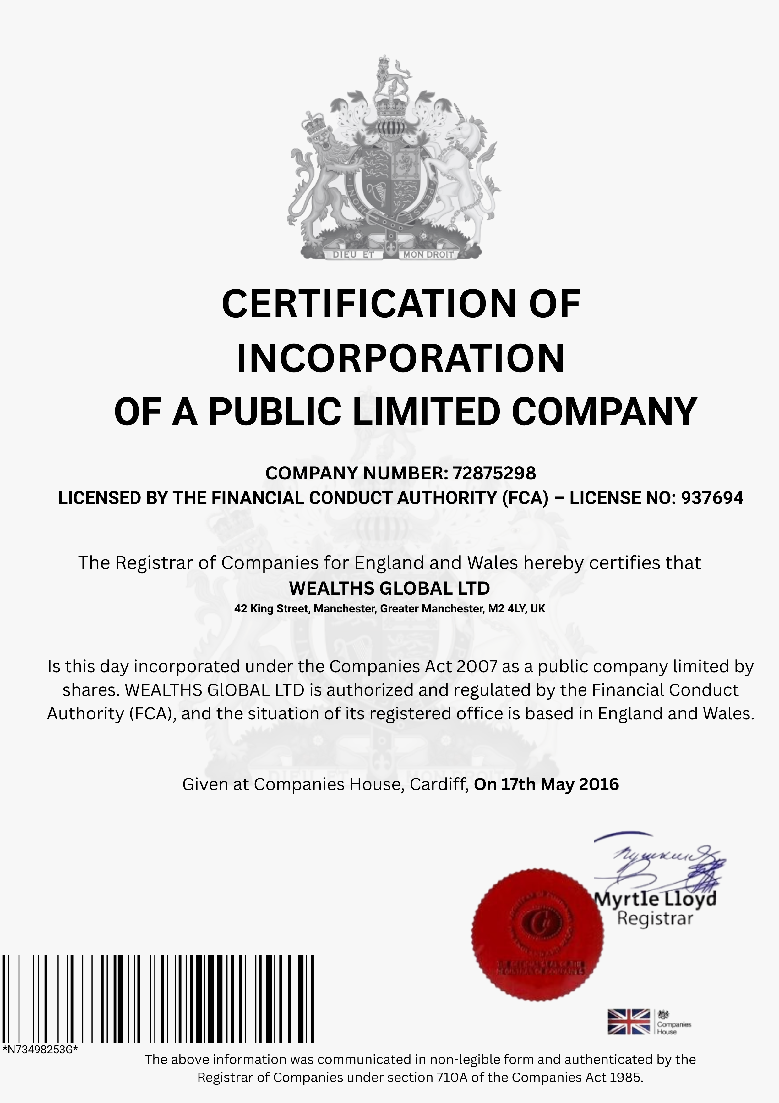 WealthsGlobal Company Registration Certificate